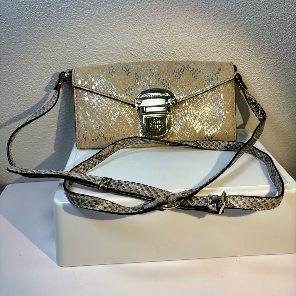 Dana Buchman Elegant Beige and Silver Metallic Snake Print w Gold Crossbody